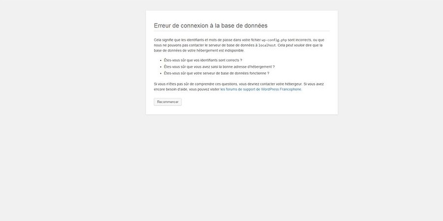 message erreur installation wordpress